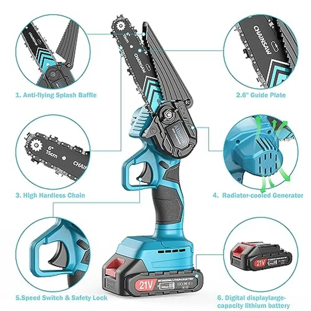 Portable 6-Inch Cordless Electric Chainsaw Kit with 2 Batteries and Safety Lock Lightweight Handheld Chainsaw Tree Trimming and Portable 6-Inch Cordless Electric Chainsaw Kit with 2 Batteries and Safety Lock Lightweight Handheld Chainsaw Tree Trimming and