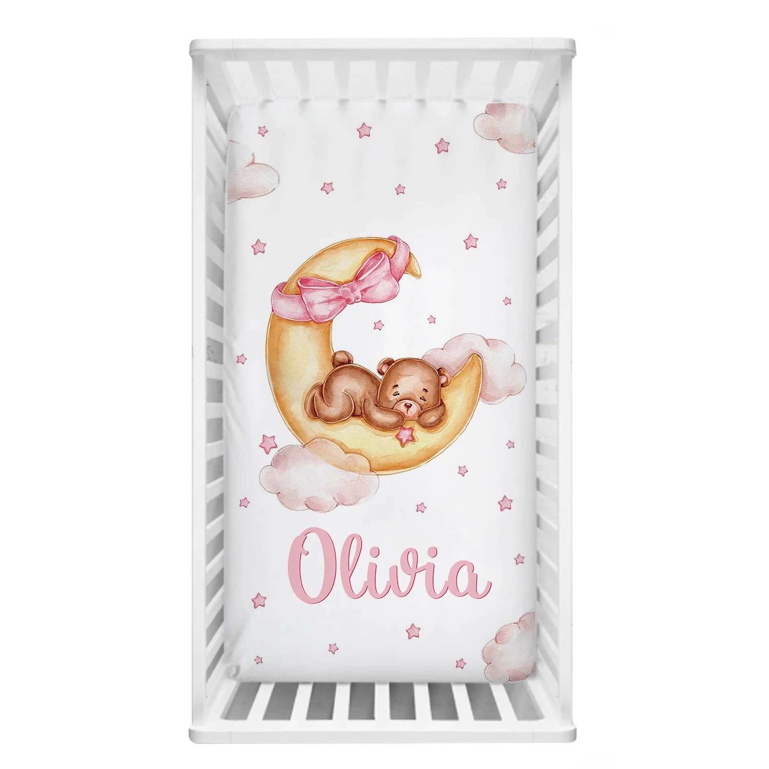 LVYZIHO Sleeping Bear Custom Name Crib Bedding Set, Moon And Stars Baby Shower, Personalized Crib Sheet Set for Girl LVYZIHO Sleeping Bear Custom Name Crib Bedding Set, Moon And Stars Baby Shower, Personalized Crib Sheet Set for Girl