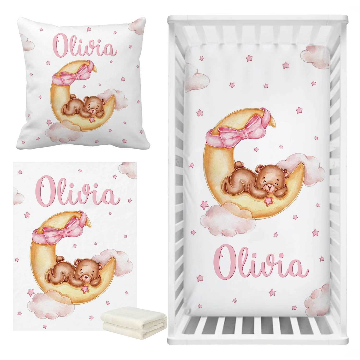 LVYZIHO Sleeping Bear Custom Name Crib Bedding Set, Moon And Stars Baby Shower, Personalized Crib Sheet Set for Girl LVYZIHO Sleeping Bear Custom Name Crib Bedding Set, Moon And Stars Baby Shower, Personalized Crib Sheet Set for Girl